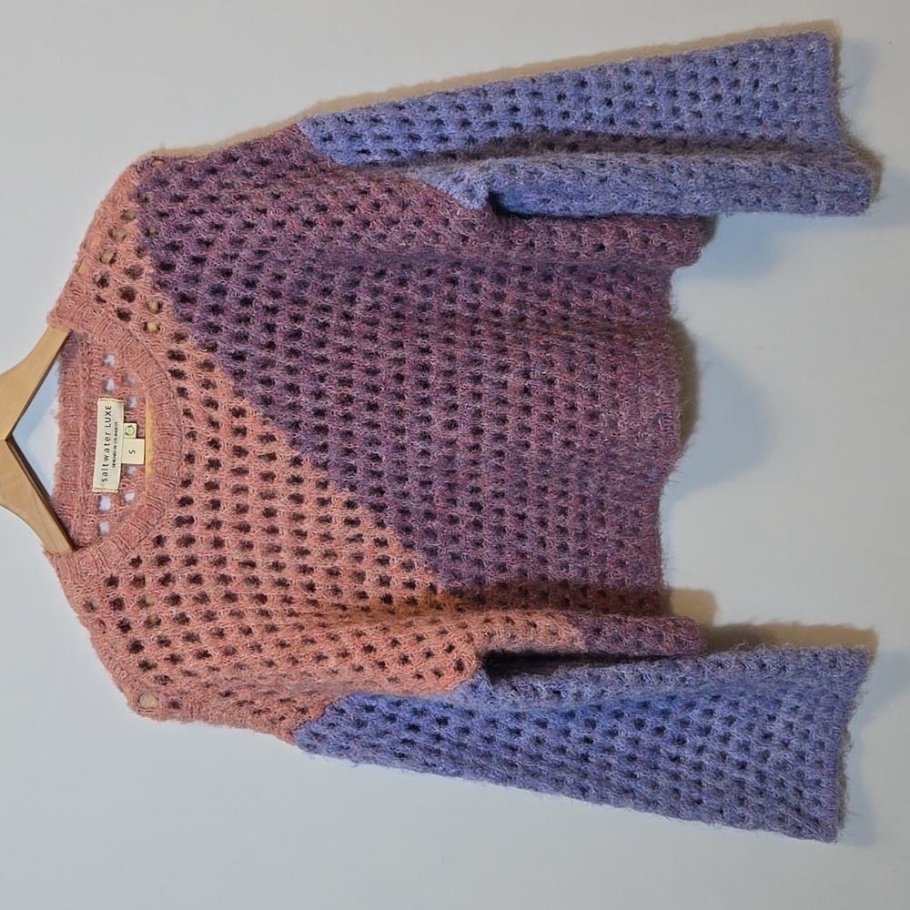 Saltwater Luxe Kourt Colorblock Ooen Weave Crop Sweater Size S Wool Blend Spring - Picture 3 of 12